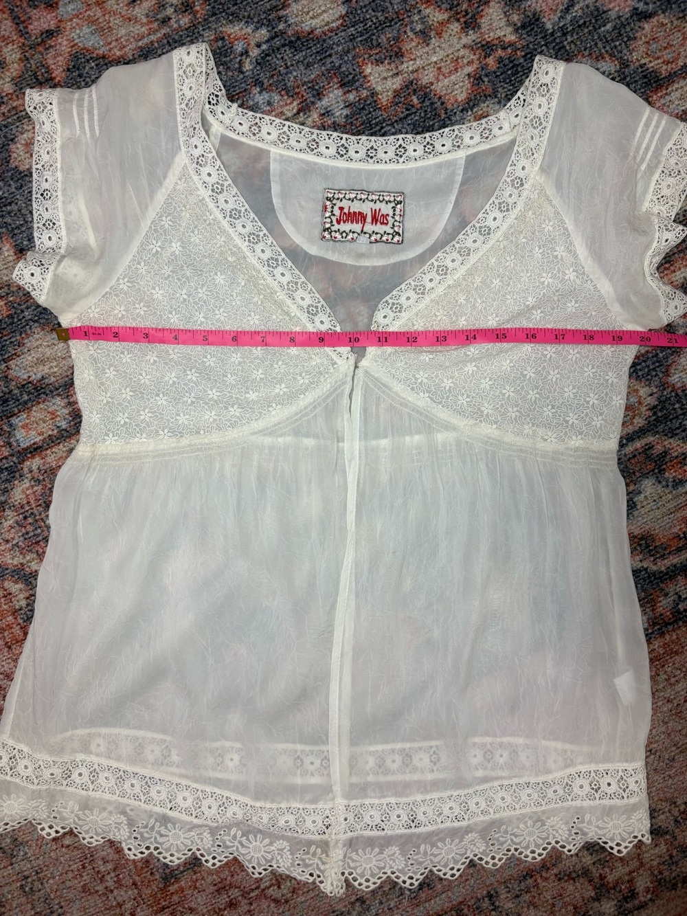 Johnny Was Ivory Embroidered Lace Boho Peasant Blouse Sheer Sleeve Medium - Picture 13 of 16